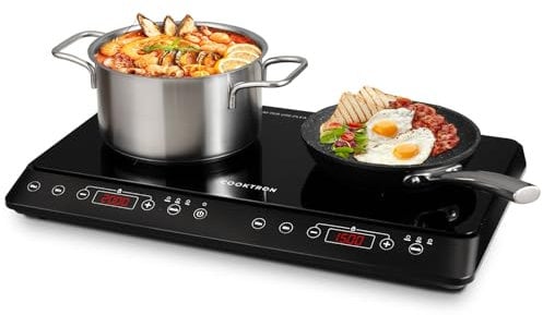 COOKTRON Induktionskochfeld 2 Platten Mobil, 3500W Doppel-Induktionskochplatte mit 6 Leistungsstufen, 10 Temperaturstufen, 3-Stunden-Timer, Touch-Steuerung, Ideal für Camping und Küche, Schwarz