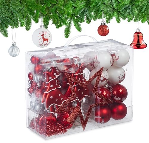 Relaxdays Palline di Natale, Set 103 Addobbi Natalizi in Plastica, Decorazioni per Albero in Vari Design, Rosso Bianco