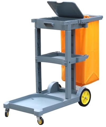 Reinigungswagen 3-stufiger Reinigungswagen aus Kunststoff, Reinigungswagen mit Universalrädern, für den Außenbereich, Schulen und Hotels(Gray-)