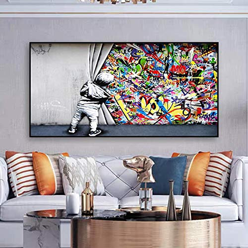 Buntes Banksy-Graffiti-Wandkunst, Leinwandposter für Galerie-Dekoration, 50 x 100 cm, Street Art Little Boy hinter dem Vorhang