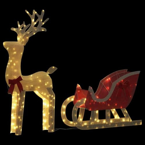 IKAYAA Rentier mit Schlitten Figur Beleuchtet Außen, 100 LED Weihnachtsbeleuchtung Hirsch Deko Weihnachten, Weihnachtsdeko Figuren Elch Garten Outdoor, Warmweiß, IP44
