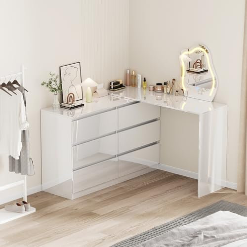 BSTSEL White High Gloss Corner Dressing Table, 6/7 Chest of Drawers Vanity Desk with Smart Touch LED Mirror, Makeup Table Movable Top, Dresser for Home Bedroom Living Room(6 drawers dressing table)