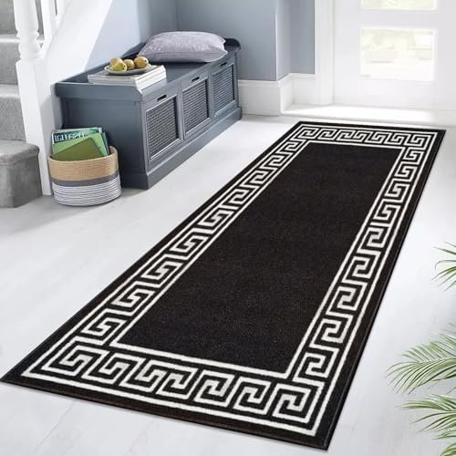 Rugs Inn Greeky Runner – Washable Non Slip Runners Rug for Hallway Hall Kitchen Entrance Bedroom Living Room Floor Mat (Black White, 80 X 300 cm)