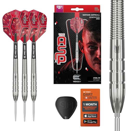 Target Darts Nathan Aspinall Generation 1 Steel Tip Darts, 90% Tungsten Dart Set, 22G/24G/26G | G1 Player Edition Darts mit Swiss Point Tips oder festen Spitzen, Pro Grip Schäften, Nr. 6 Dart Flights