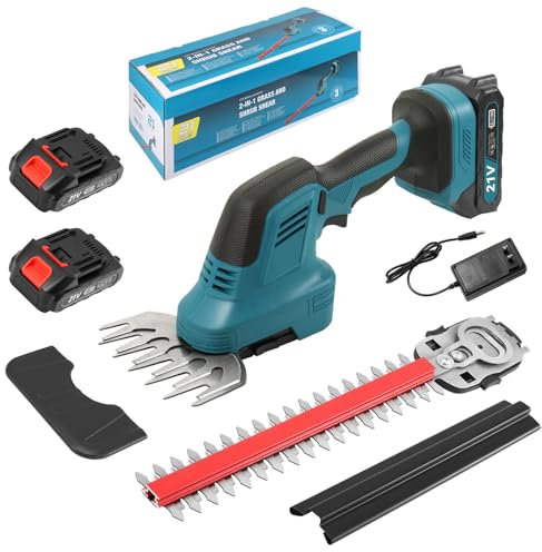 Cortasetos Inalámbrico 21V, 2 en 1 Césped Eléctrico con 2 Baterías de 1500mAh y 2 Cuchillas, Hoja Larga 31 cm/Hoja Corta 15 cm, para Jardín, Césped, Arbustos