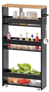 FetiNes Rollwagen 4 Ebenen, Küchenwagen schmal, Nischenregal auf Rollen, Stahl, Griff, für kleine Räume, 40 x 14 x 80 cm, Küche, Bad, Wohnzimmer, Arbeitszimmer, Schwarz + Eichenfarben