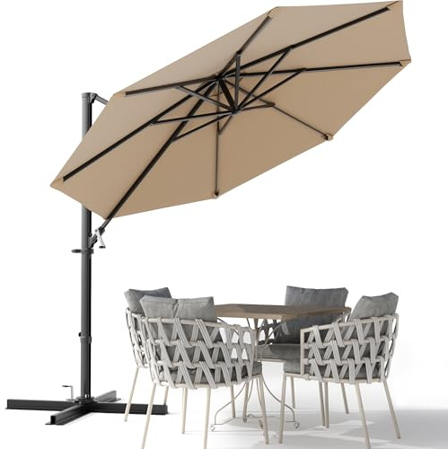 Devoko 10ft Cantilever Patio Umbrella, Round Large Outdoor Umbrella with 360-Degree Rotation, Hanging Offset Market Sun Umbrella, Easy Tilt and Heavy-Duty Frame, for Patio Backyard Garden, Brown