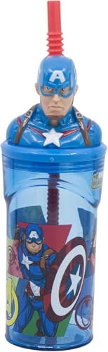 Avengers 3D Figurine 3D avec paille - Gobelet en plastique sans BPA pour enfants - Bouteille réutilisable Marvel pour l'école, le camping, les pique-niques - Motif Captain America - 360 ml