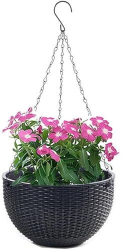 Vtizikl Garden Hanging Baskets, Self Watering Hanging Plant Pots, Large Hanging Baskets Outdoor with Detachable Hanging Chain, Bottom plug, Inner Basin for Home Decor, Gardening (Black)