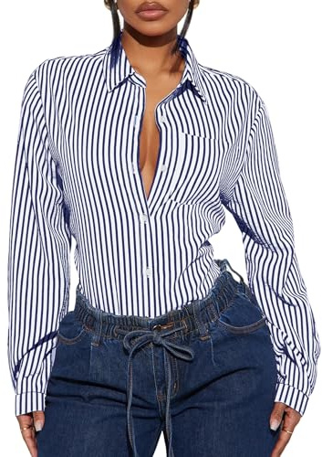 Navneet Women Blouses Button Down Long Sleeve Shirts Striped Going Out Tops Oversized Shirts Office Wear Work Blue S