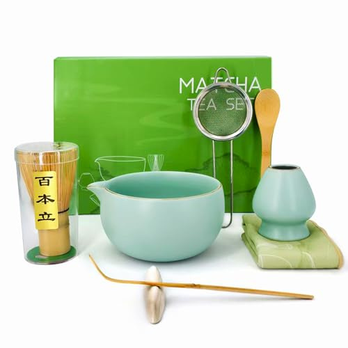 Lumanothy Set Matcha 8 Piezas, Kit Matcha Completo con Cuenco Matcha, Batidor Bambú, Soporte, Set Té Japonés, Regalo para Principiantes, Verde menta