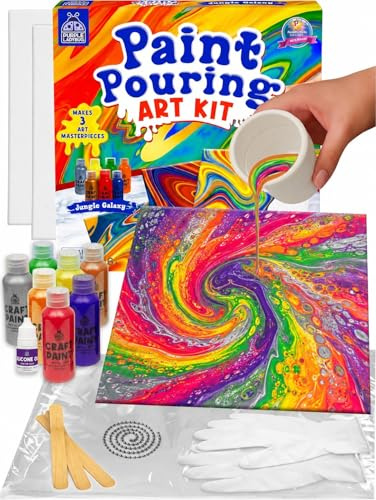 PURPLE LADYBUG Low-Mess Paint Pouring Kit for Ages 6+ - Washable Non-Toxic Painting Kit for Kids with Gloves & Table Cover for Easier Cleanup, Art and Crafts for Kids Ages 8-12, Crafts for Girls 8-12