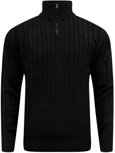 LAMANIERE Mens Cable Knit Half Zip Jumper Fisherman Cardigan Knitted Weaved Sweater Collared High Neck Pullover M to 2XL, Black, L