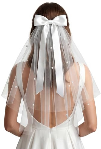 1PC Schleier Braut mit Perlen Verziert - Schleife Doppelschichtdesign Braut Schleier Weiss - Brautschleier Kurz Veil | Hochzeit | Damen