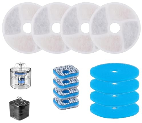 4 Set Cat Water Fountain Filter,Replacement Filters with Foam Sponge Cartridges, Compatible with WF040 Dispenser Pet Water Fountains, Long-Lasting Multi-Stage Filtration for Clean Cat Drinking Water