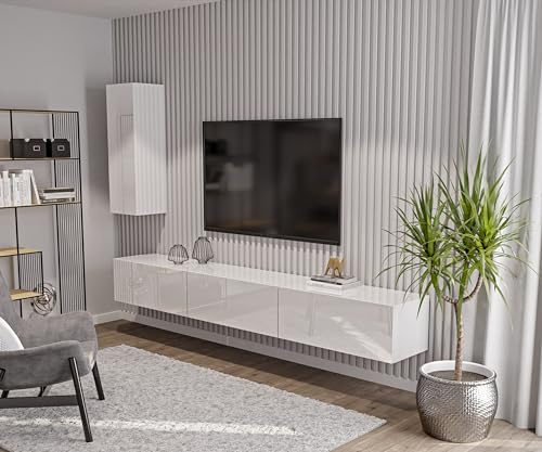 HAJDUK FURNITURE Wohnwand Hochglanz Weiß – TV Wand 270 cm (3×90 cm Module) mit Hängeschrank 105 cm, Hängendes TV Lowboard Push-to-Open, Moderne Anbauwand Wohnzimmer