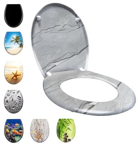 SAILUN Toilet Seat with Soft Close Feature, O Shape Universal Size with Adjustable Hinges, Quick Release for Easy Clean, Toilet Lid Hard Plastic Antibacterial, Marble