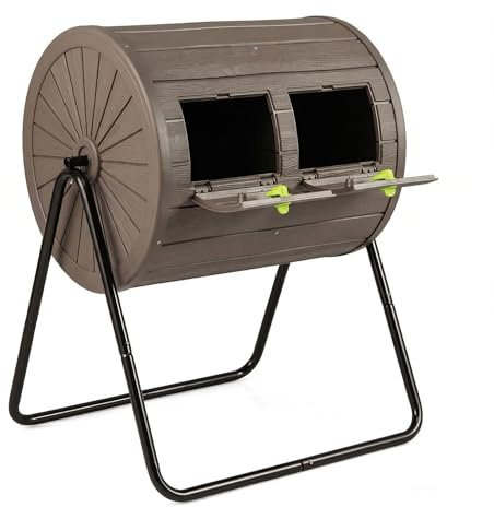 HOMASIS Composteur de Jardin Rotatif, Bac à Compost Extérieur 142 L avec Double Chambre en PP sans BPA, 2 Portes Verrouillables, Lames de Mélange, Support Métal, pour Déchets de Cuisine Jardin (Café)