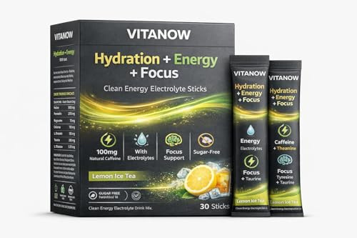 Elektrolyte Pulver mit Koffein – Hydration Drink & Energy Pulver – 100mg Koffein + L-Theanin – Magnesium, Kalium & Natrium – Zuckerfrei – Fokus & Leistung – 30 Sticks mit Zitrone-Geschmack