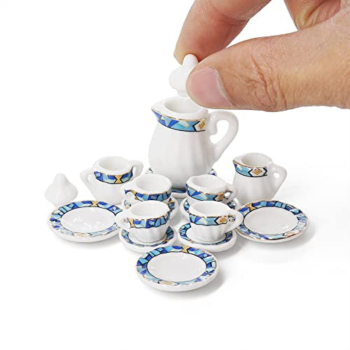 Odoria Miniature 1/12 Service a Thé en Porcelaine Accessoire Maison de Poupée, Bleu Méditerranéen