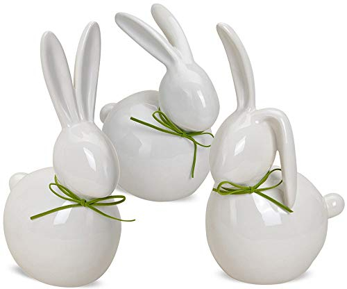 matches21 Moderner Hase Deko-Figur Oster-Dekoration Osterhase weiß grüne Schleife 1 STK. 3-Fach sort. Keramik je 17-25 cm