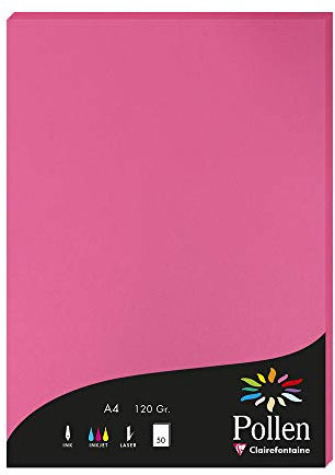 Clairefontaine 4221C - Étui de 50 Feuilles - Format A4 (21x29,7cm) - 120g/m² - Coloris Rose Fuchsia - Papier d'Invitation Evènements et Correspondance - Gamme Pollen - Papier Premium Lisse