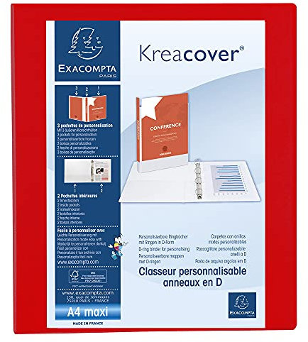 Exacompta 51846RE Präsentationsringbuch KreaCover aus blickdichtem Kunststoff für DIN A4, 4-D Ring Mechanik 25 mm, Rücken 47 mm, rot ideal für Schule und Büro Ringhefter Ringordner Ringbuchordner