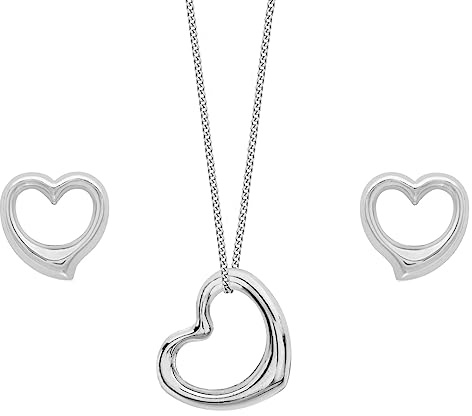 Carissima Gold 9 ct White Gold Open Heart Stud Earrings and Pendant Set on Curb Chain Necklace of 46 cm/18 inch
