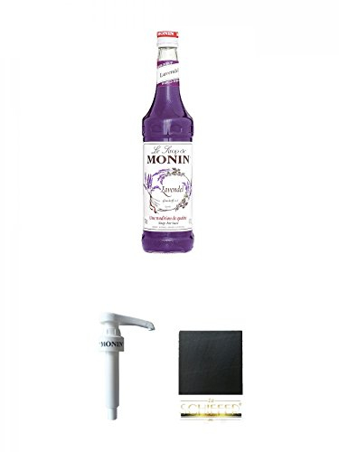 Monin Lavendel Sirup 0,7 Liter + Monin Dosier Pumpe für 0,7 & 1,0 Literflasche + Schiefer Glasuntersetzer eckig ca. 9,5 cm Durchmesser