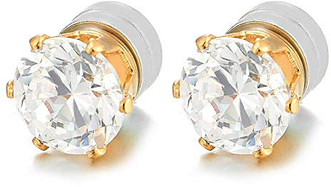 6MM Herren Damen Magnetische Zirkonia Ohrringe, Gold Edelstahl, Click-on Ohrstecker Fakeplugs Tunnel Gauges