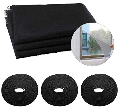 3 Pièces Moustiquaire Fenêtre, 150 X 200cm Filet Écran Insecte vec 3 Rubans Adhésifs, Eté Fly Bug Mosquito Protection D'écran en Maille Filet Bricolage pour Bureau Maison (Noir)