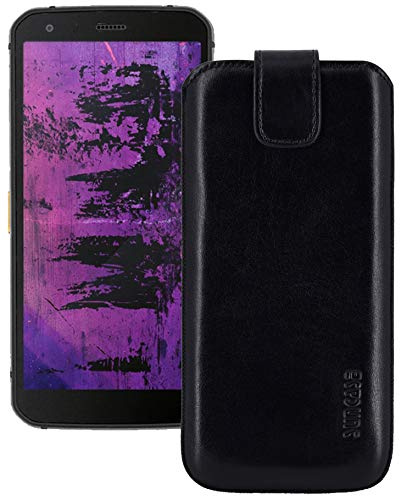 Suncase ECHT Ledertasche Leder Etui *Slim-Edition* kompatibel mit Caterpillar Cat S62 Pro Hülle (mit Rückzugsfunktion und Magnetverschluss) schwarz