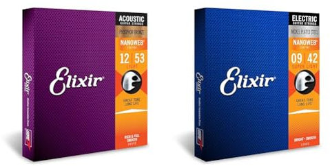 Elixir Cuerdas de guitarra acústica Elixir Strings de bronce fosforado con recubrimiento NANOWEB & Cuerdas para guitarra eléctrica Strings con recubrimiento NANOWEB