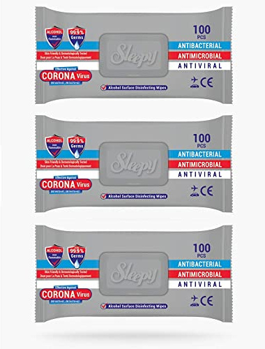 SLEEPY Alcohol Antibacterial Wipes - 3 x 100 Pack Box /300 Total Wipes - Effective Against Viruses · Kills 99.9% Germs & Bacteria