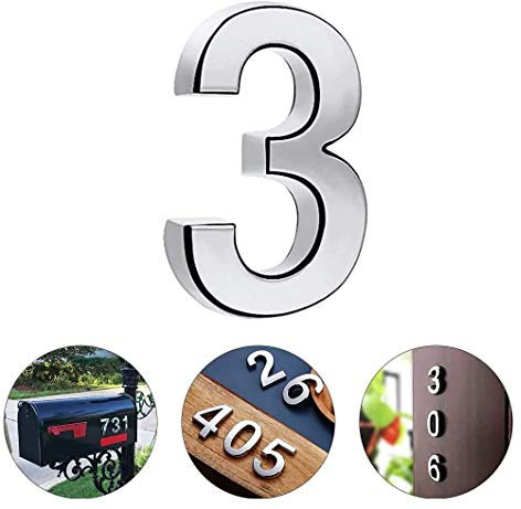 TopE 4 Inch 3D Mailbox Number - Silver Waterproof Self-Adhesive Stickers for Home, Apartment, Cabinet, Table, Outdoor and Indoor Use (No.3)