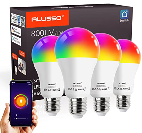 ALUSSO WiFi Smart Bulb A60 E27 LED Bulbs, Edison Screw Alexa Light Bulbs,10W RGB+CCT White & Colour Dimmable 800LM, APP and Voice Control, Works with Alexa Google Home, No Hub Required, 4 Pack