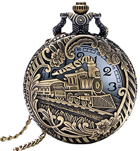 UKCOCO Hohl Design Vintage Taschenuhr Hängenden Taschenuhr Zug Eisenbahn Quarz Taschenuhr mit Kette für Männer Frauen