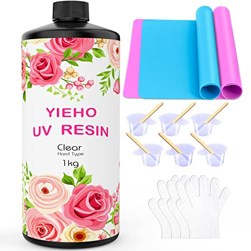 YIEHO 1000g UV Resin -Upgraded Crystal Clear Epoxidharz Hard Solar schnell härtende UV Kleber liefert mit Matte für Handwerk Schmuck machen 1KG