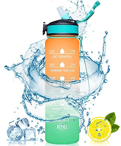 Trinkflasche mit Strohhalm 1L, Wasserflasche mit Zeitmarkierungen, BPA Frei 1 klick Öffnen, Erinnerung an die Wasser Trinkzeit für Sport, Fahrrad, Yoga, Wandern und Camping(Farbverlauf Orange/Grün)