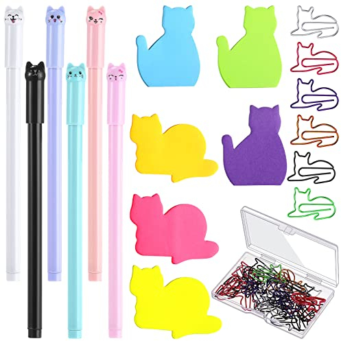 42 Teiliges Süßes Katzen Briefpapier Set 6 Farbige Süße Katzen Haftnotizen 30 Stück Katzen Büroklammern und 6 Süße Katzenstifte Präsent für Katzenliebhaber Schönes Büro Schreibtisch Zubehör