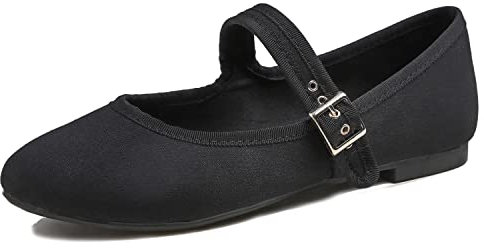 Feversole Women's Soft Breathable Mary Jane Memory Foam Cushioned Comfort Round Toe Metal Buckle Flats Walking Shoes Black Canvas Size UK 5
