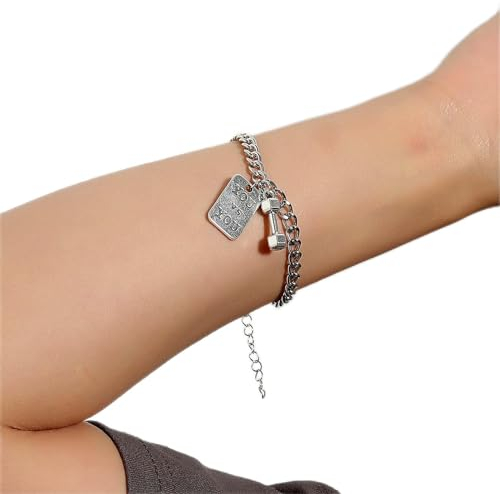Yienate Kreatives Gym Hantel Armband Silber Handkette YOU VS YOU Selbstdisziplin Fitness Hand Ring Handgelenk Kette zierlich spirituelles Armband Schmuck Geschenke für Frauen Mädchen