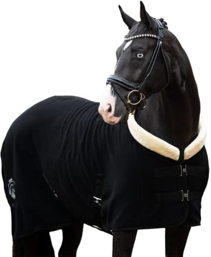 EQUILYX® Abschwitzdecke Pferd mit Teddy-Kragen und abnehmbaren Kreuzgurten [perfekte Passform] Fleecedecke Stalldecke Transportdecke wärmend feuchtigkeitsabsorbierend atmungsaktiv (Schwarz, 145cm)