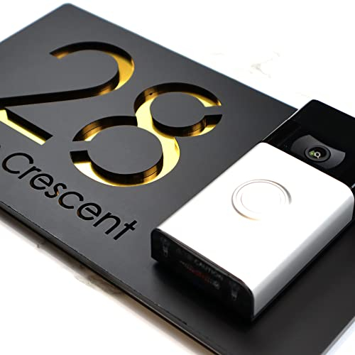 K Smart Sign | Bellissima Video Doorbell house sign door number plaques for Nest Ring Wifi doorbell plate mount | Matt Black - Gold Mirror | Contemporary Style | 300mm x 160mm