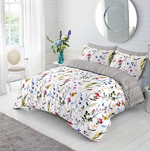 SeventhStitch Duvet Cover Sets Reversible Floral Bedding Set, Easy Care Soft Cotton Quilt Covers with Pillow Cases White Grey Pink Double King SuperKing Bed Size (King Flower)