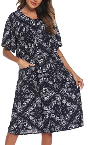 COSUNIONY House Dresses for Women Cotton Short Sleeve House Coat Buttons Down Dusters Robe with Pockets S-XXL