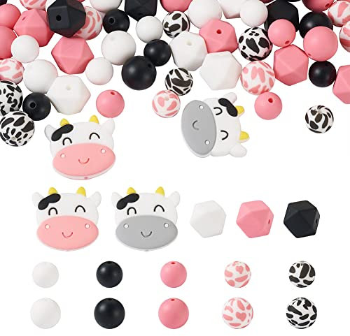 Cheriswelry 100 perline in silicone con stampa di mucca, rosa, bianche, per portachiavi, collane, bracciali, fai da te