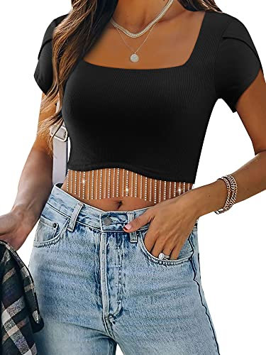 Dresswel Damen Sexy Crop Top Funkelnd Strass Fransen Blütenblatt Ärmel Kurzarm T-Shirt Y2K Tank Top Bauchfrei Oberteile Cropped Tops mit Glitzer Quaste