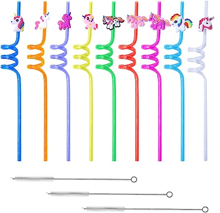 9 pajitas de arcoíris de dibujos animados con 3 cepillos de pajita, pajitas para rizar, pajitas con forma de animal, pajitas reutilizables, fiesta de cumpleaños para niños, fiesta en la playa