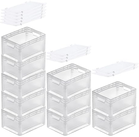 PROREGAL SuperSparSet 10x Transparenter Eurobehälter LightLine mit offenem Griff & Auflagedeckel | HxBxT 22x30x40cm | 24 Liter | Eurobox Transportbox Transportbehälter Stapelbehälter